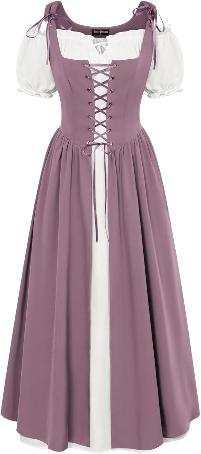 Renaissance Costume Women Peasant Medieval Dress Short Sleeve Maxi Fairy Dresses with Pockets