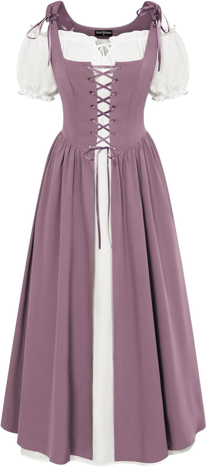 Renaissance Costume Women Peasant Medieval Dress Short Sleeve Maxi Fairy Dresses with Pockets