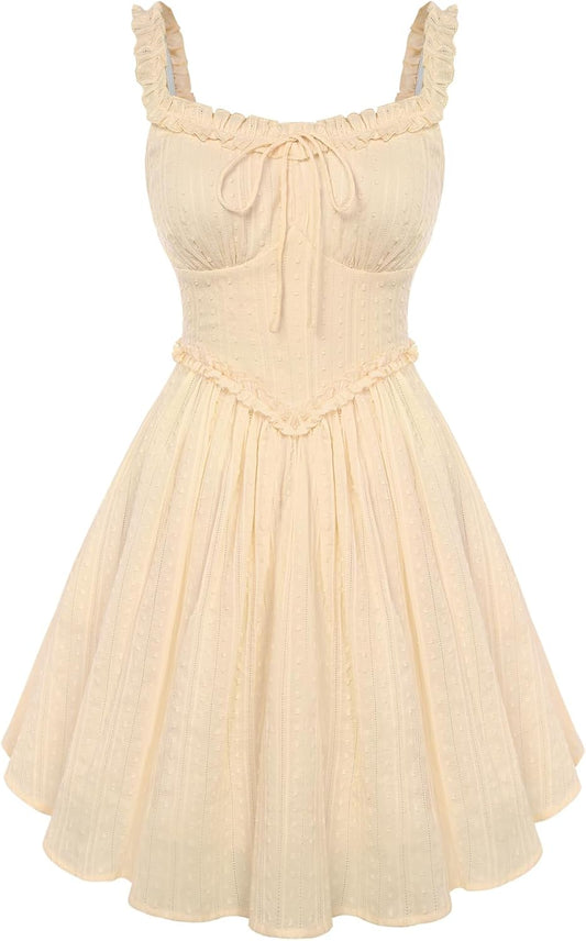 Women Summer Corset Dresses Cotton Mini Sundress Ruffle Strap Dress