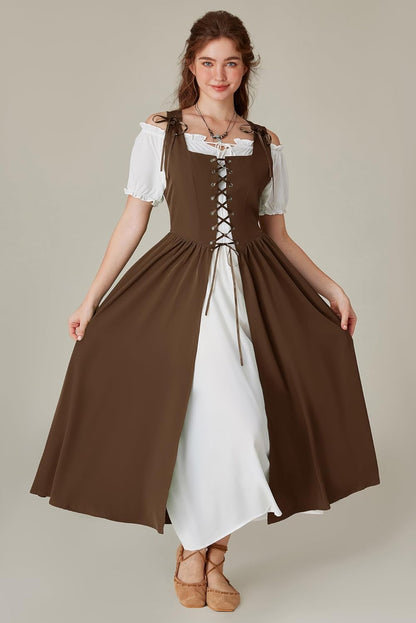 Renaissance Costume Women Peasant Medieval Dress Short Sleeve Maxi Fairy Dresses with Pockets