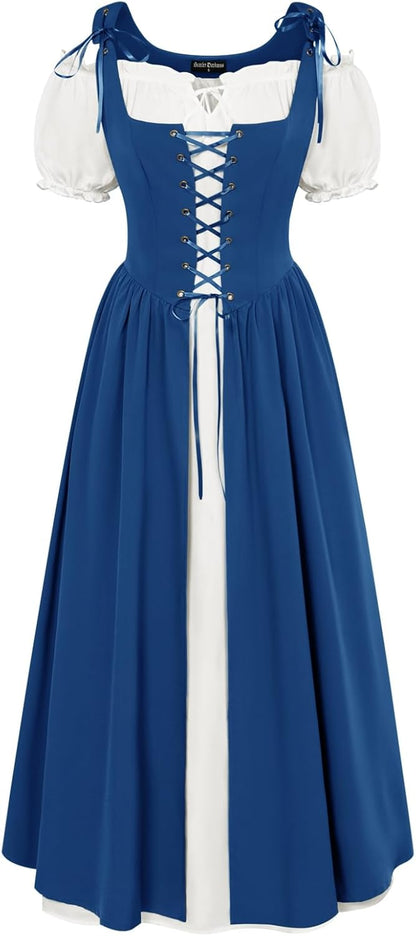 Renaissance Costume Women Peasant Medieval Dress Short Sleeve Maxi Fairy Dresses with Pockets