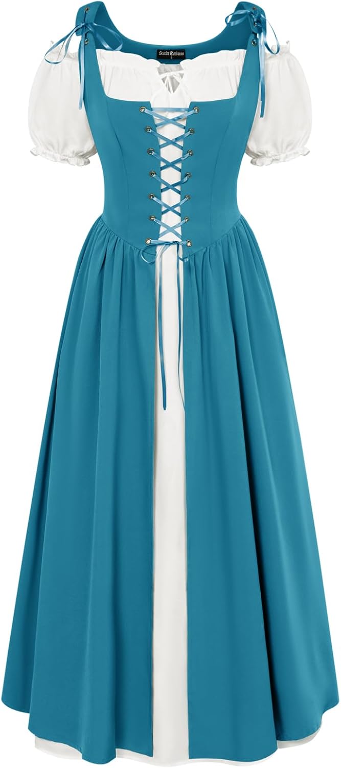 Renaissance Costume Women Peasant Medieval Dress Short Sleeve Maxi Fairy Dresses with Pockets
