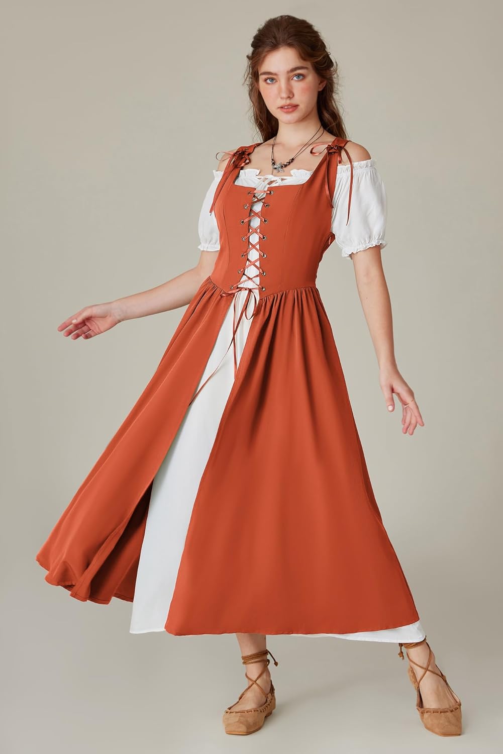 Renaissance Costume Women Peasant Medieval Dress Short Sleeve Maxi Fairy Dresses with Pockets