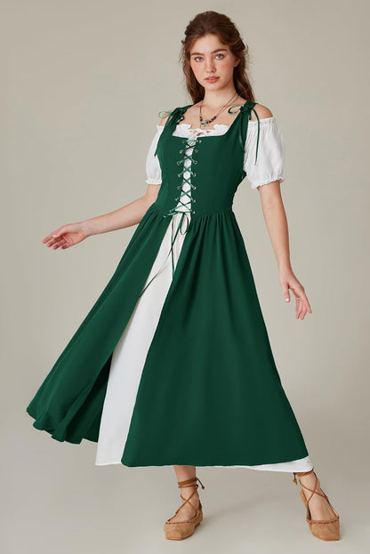 Renaissance Costume Women Peasant Medieval Dress Short Sleeve Maxi Fairy Dresses with Pockets