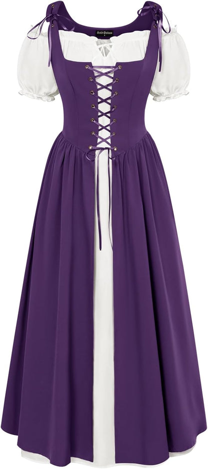 Renaissance Costume Women Peasant Medieval Dress Short Sleeve Maxi Fairy Dresses with Pockets