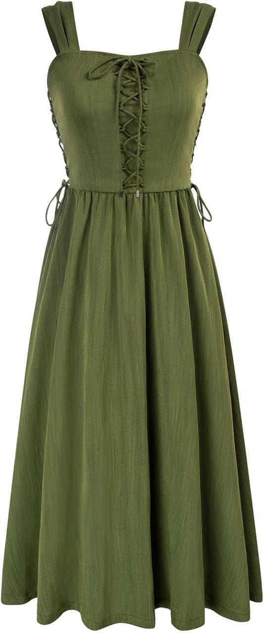 Women Renaissance Summer Corset Dress Medieval Cottagecore Lace Up Dress