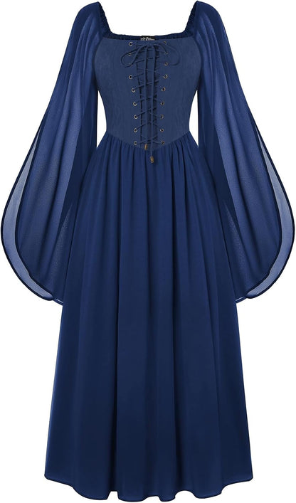 Renaissance Costume Women Pirate Dresses Split Bell Sleeve Medieval Ren Faire Dress with Pockets