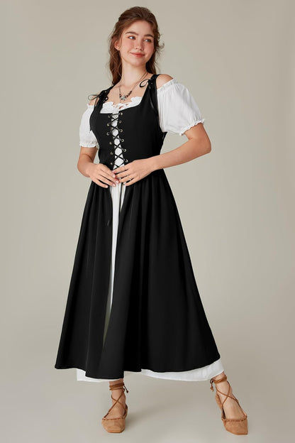 Renaissance Costume Women Peasant Medieval Dress Short Sleeve Maxi Fairy Dresses with Pockets