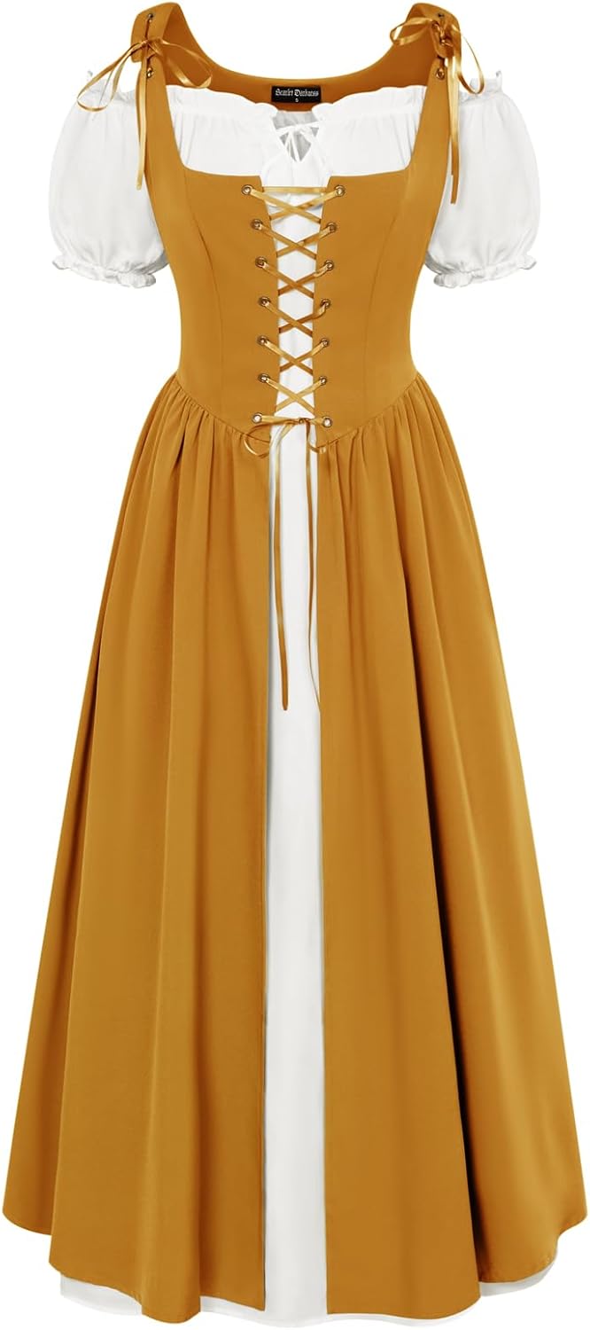 Renaissance Costume Women Peasant Medieval Dress Short Sleeve Maxi Fairy Dresses with Pockets