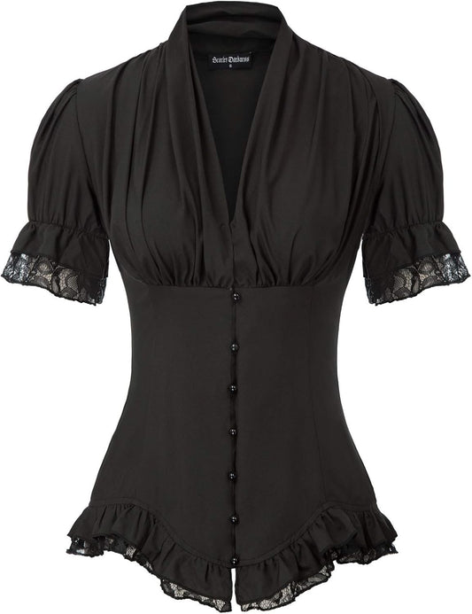 Womens Work Tops Elegant Renaissance Pirate Shirt Short Sleeve Victorian Peasant Blouses