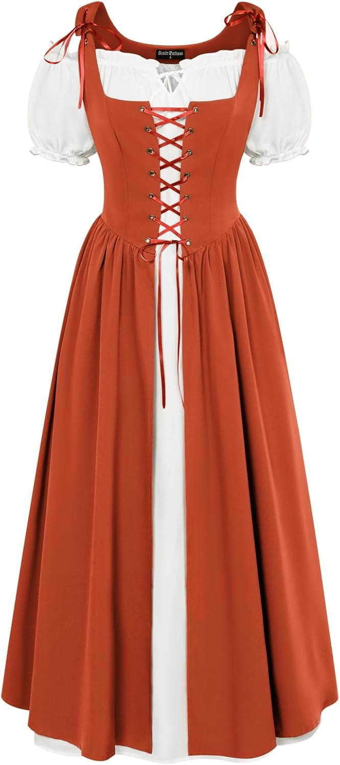 Renaissance Costume Women Peasant Medieval Dress Short Sleeve Maxi Fairy Dresses with Pockets
