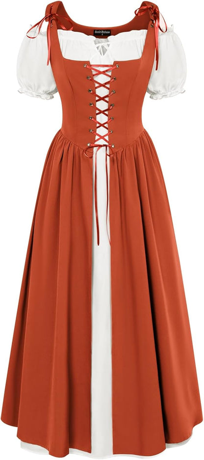 Renaissance Costume Women Peasant Medieval Dress Short Sleeve Maxi Fairy Dresses with Pockets
