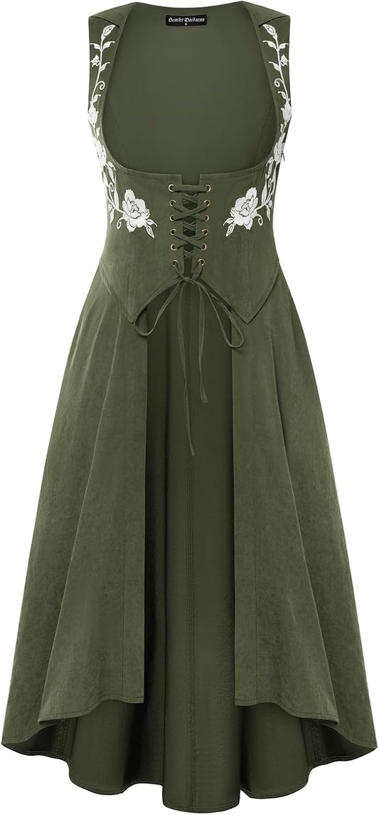 Renaissance Hood Dress for Women Medieval Costume Underbust Pirate Dresses with Pockets