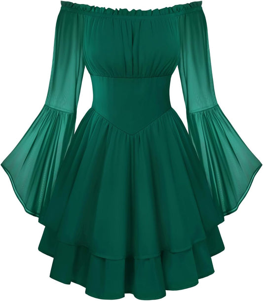 Women Corset Dress Off Shoulder Bell Sleeve Ruffled Fairy Mini Dress