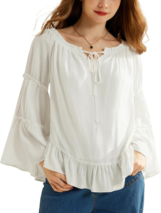 Women Bell Sleeve Tops Ruffle Off Shoulder Casual Loose Renaissance Peasant Blouse