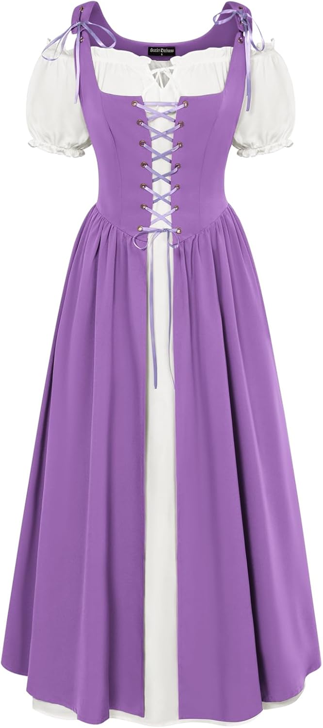 Renaissance Costume Women Peasant Medieval Dress Short Sleeve Maxi Fairy Dresses with Pockets