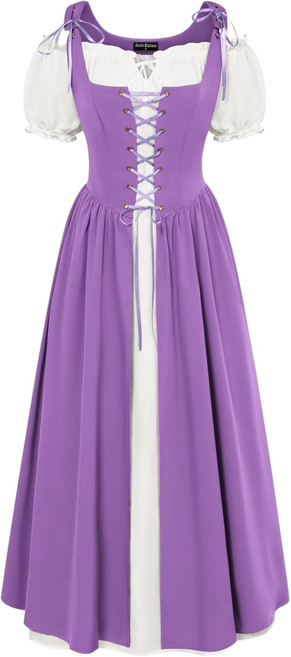 Renaissance Costume Women Peasant Medieval Dress Short Sleeve Maxi Fairy Dresses with Pockets