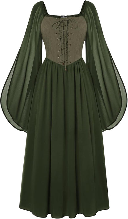 Renaissance Costume Women Pirate Dresses Split Bell Sleeve Medieval Ren Faire Dress with Pockets