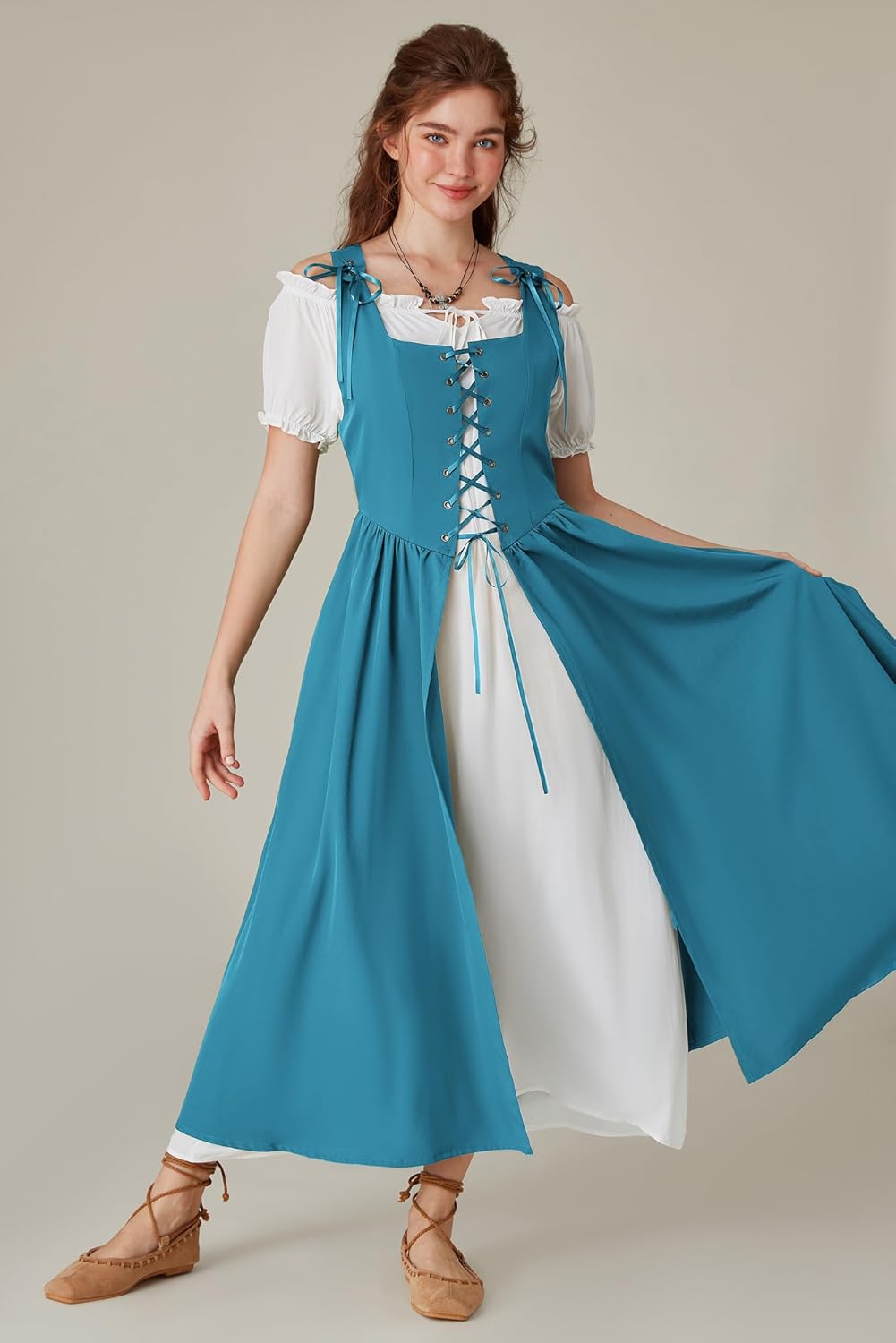 Renaissance Costume Women Peasant Medieval Dress Short Sleeve Maxi Fairy Dresses with Pockets