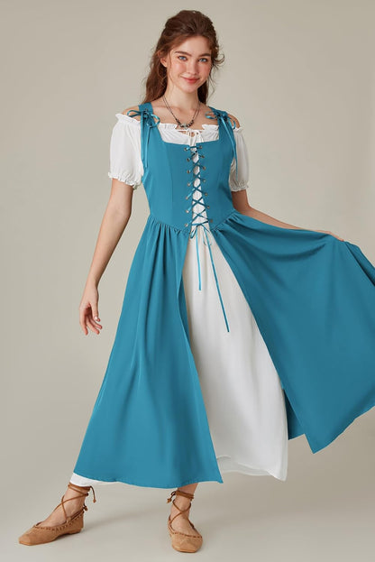 Renaissance Costume Women Peasant Medieval Dress Short Sleeve Maxi Fairy Dresses with Pockets