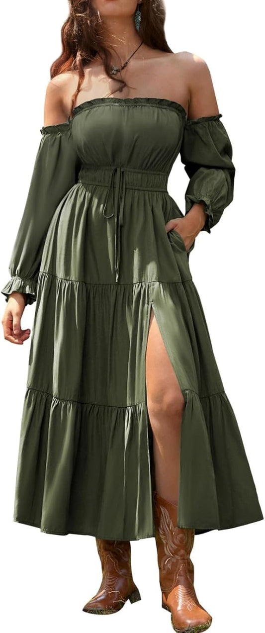 Women's Boho Dress 2026 Summer Off The Shoulder Long Sleeve Renaissance Maxi Dresses with Split