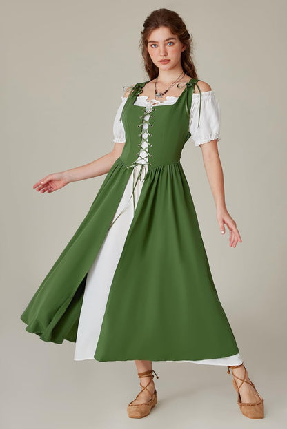 Renaissance Costume Women Peasant Medieval Dress Short Sleeve Maxi Fairy Dresses with Pockets