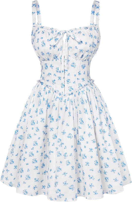 Floral Corset Dress for Women 2026 Summer Sundress Lace Up Mini Milkmaid Dresses with Pockets