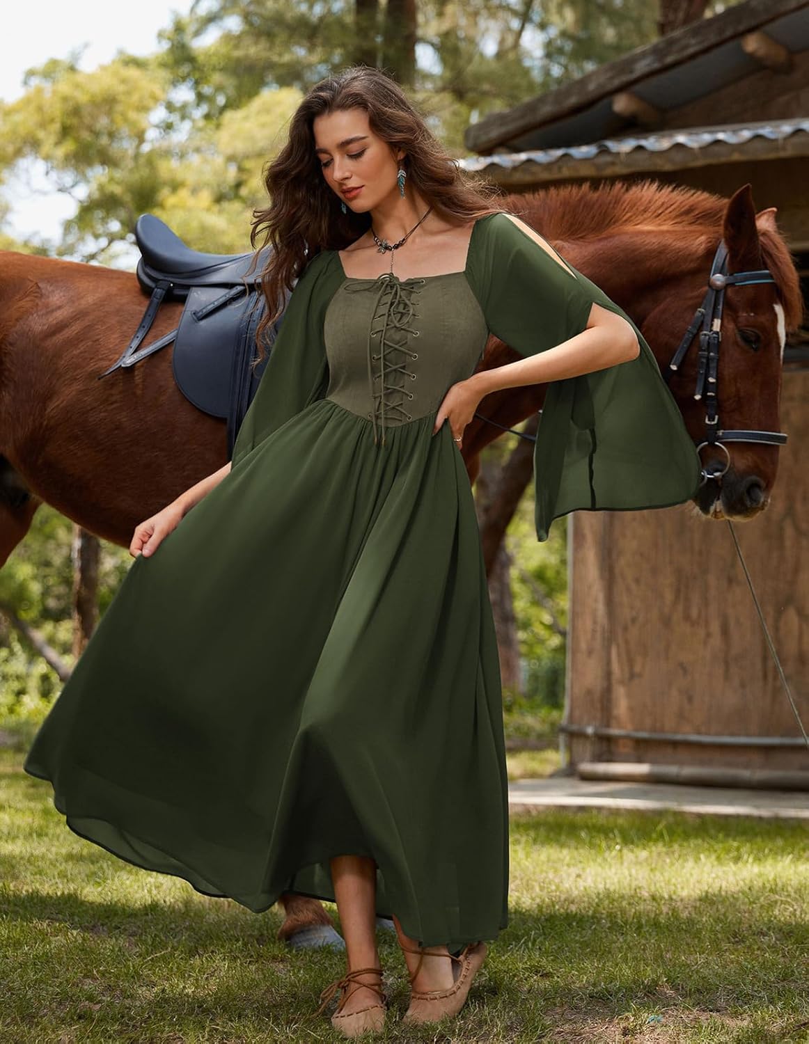 Renaissance Costume Women Pirate Dresses Split Bell Sleeve Medieval Ren Faire Dress with Pockets