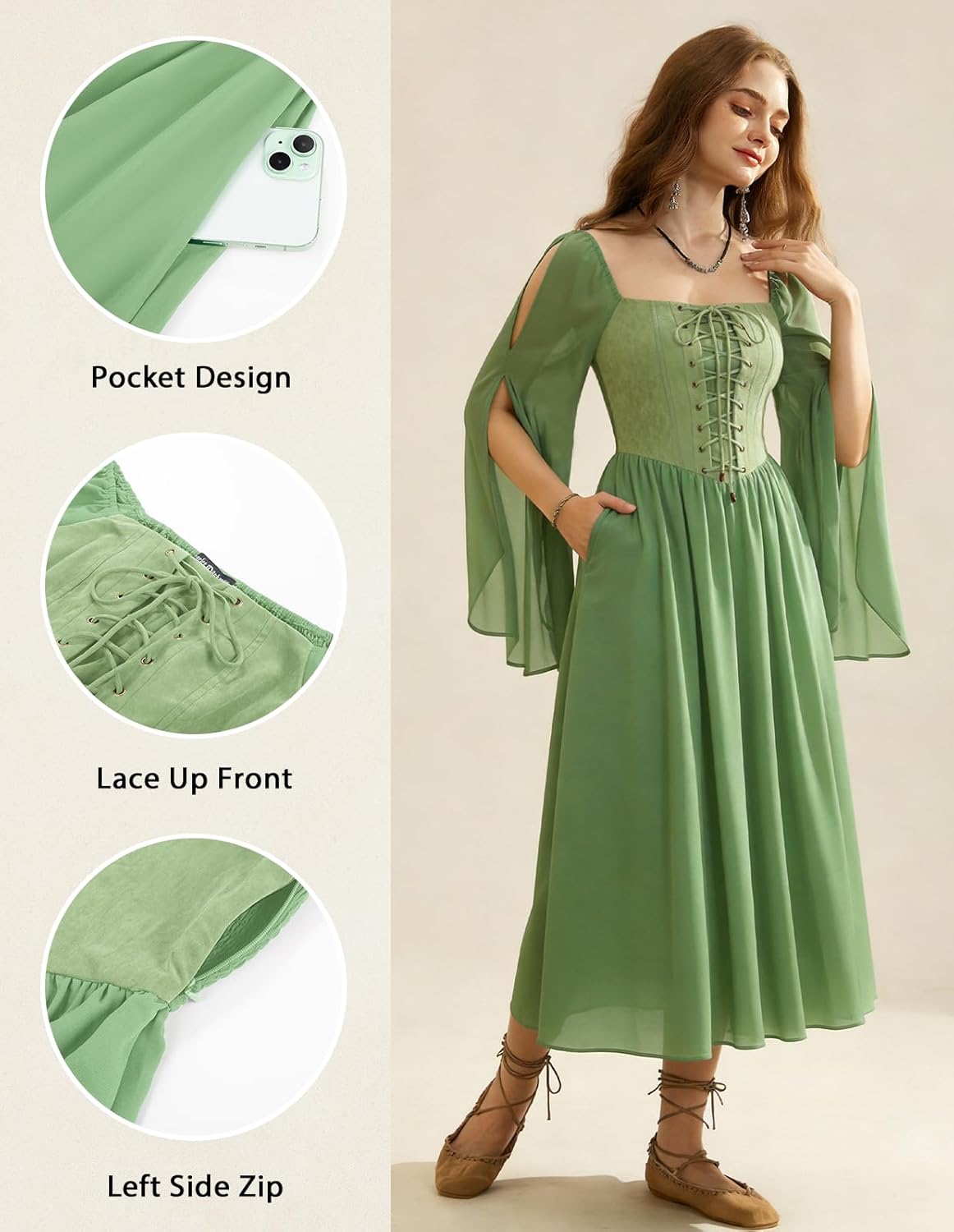 Renaissance Costume Women Pirate Dresses Split Bell Sleeve Medieval Ren Faire Dress with Pockets