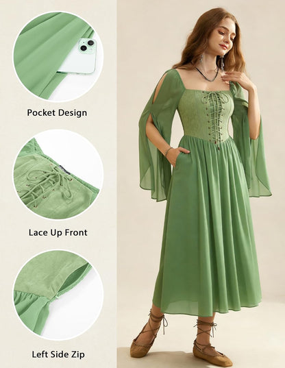 Renaissance Costume Women Pirate Dresses Split Bell Sleeve Medieval Ren Faire Dress with Pockets