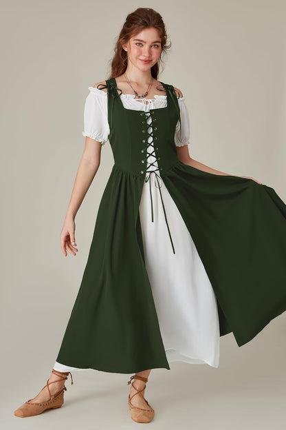 Renaissance Costume Women Peasant Medieval Dress Short Sleeve Maxi Fairy Dresses with Pockets