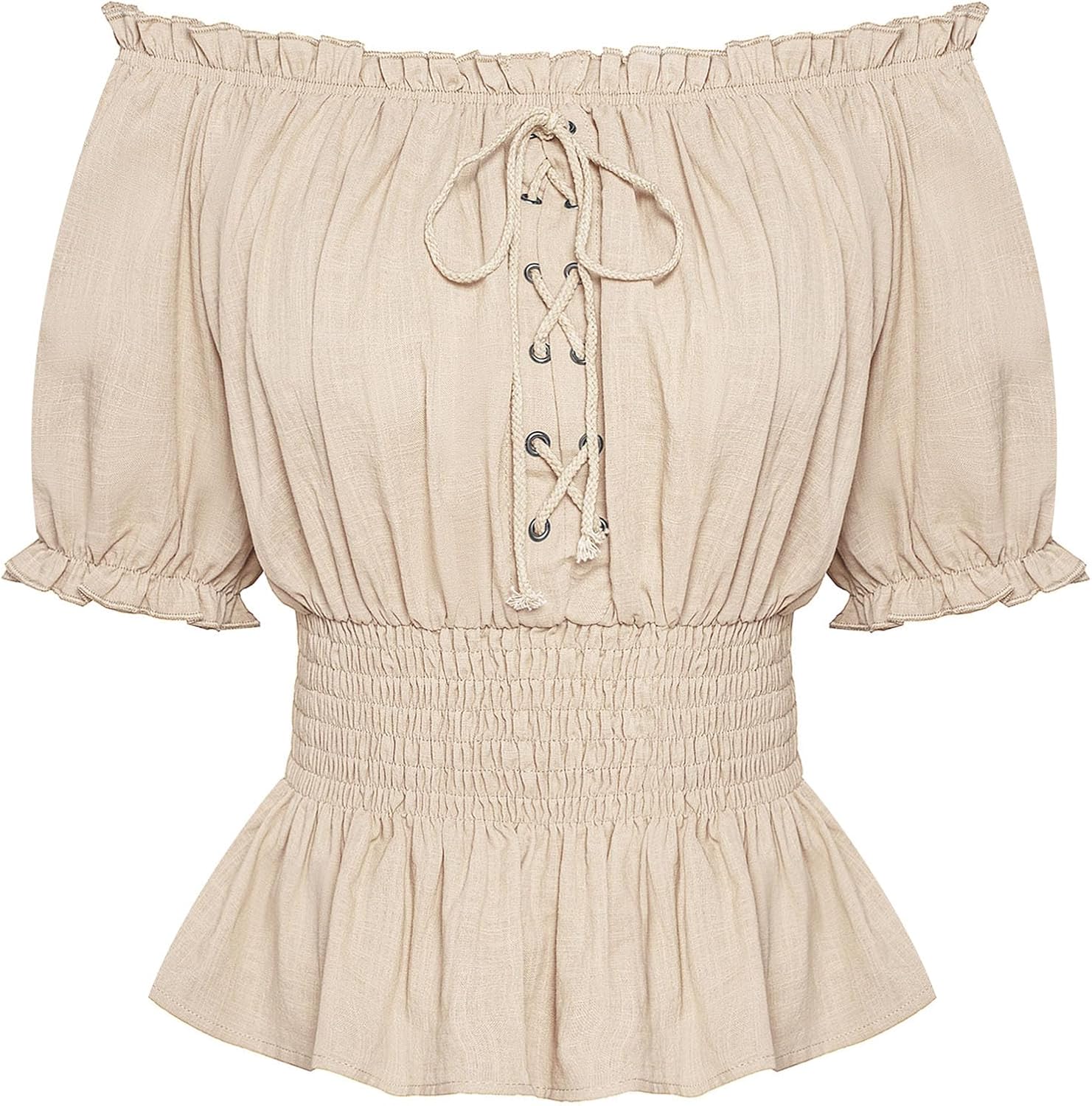 Women Renaissance Off Shoulder Blouse Smocked Waist Pirate Shirt Peplum Tops