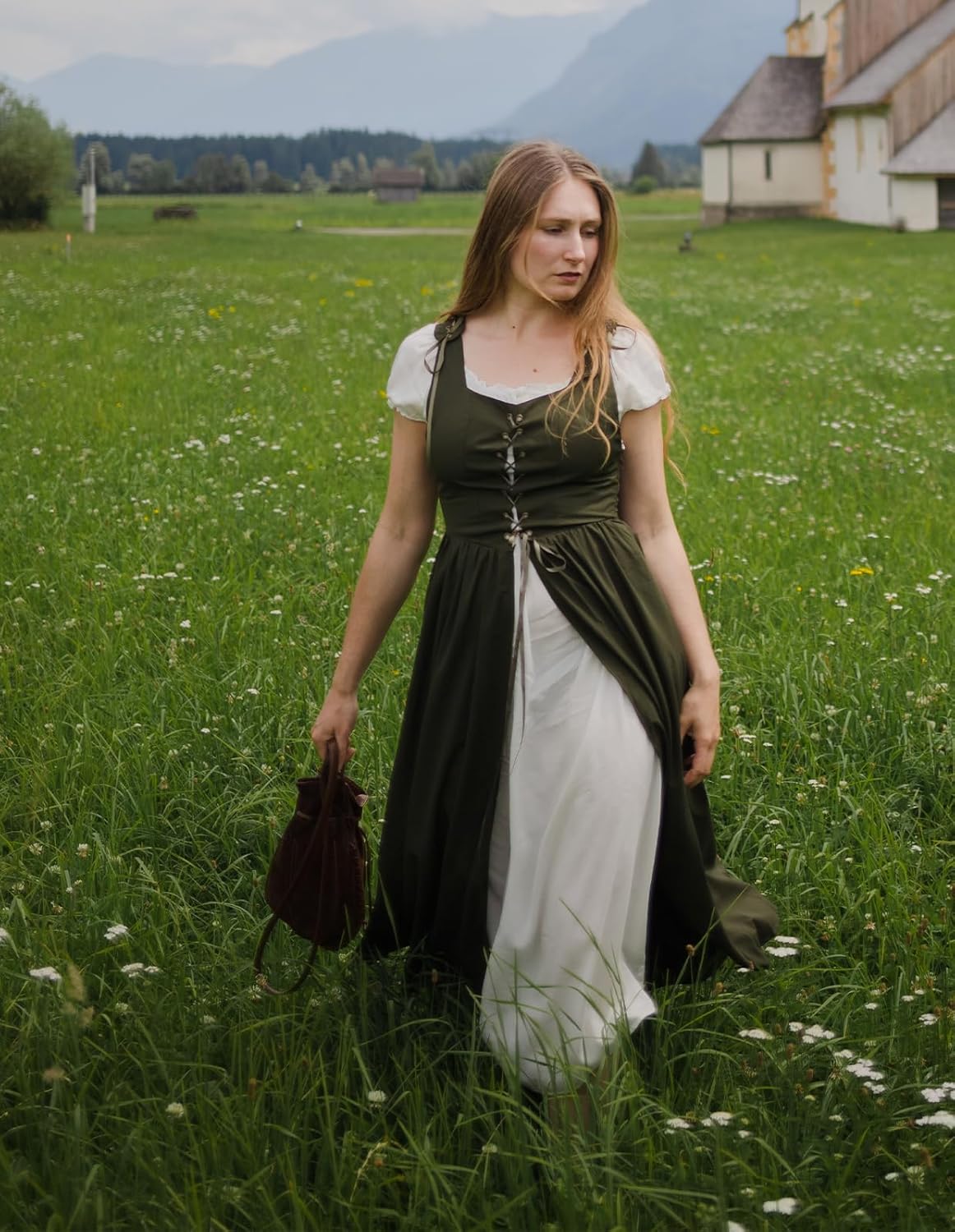 Renaissance Costume Women Peasant Medieval Dress Short Sleeve Maxi Fairy Dresses with Pockets