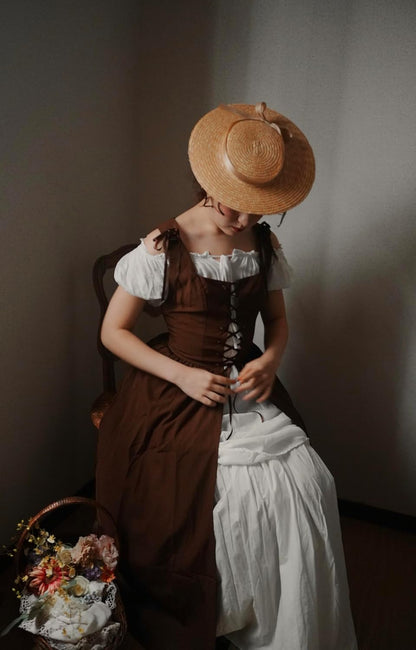 Renaissance Costume Women Peasant Medieval Dress Short Sleeve Maxi Fairy Dresses with Pockets
