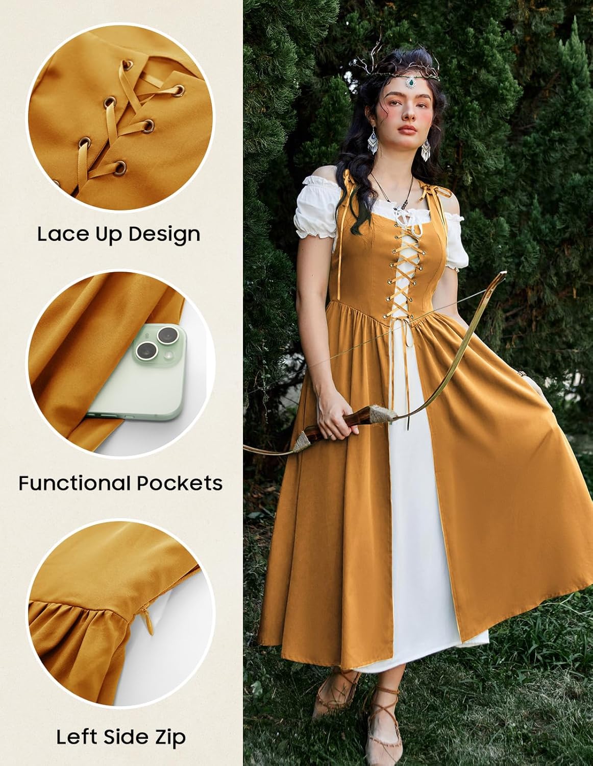 Renaissance Costume Women Peasant Medieval Dress Short Sleeve Maxi Fairy Dresses with Pockets