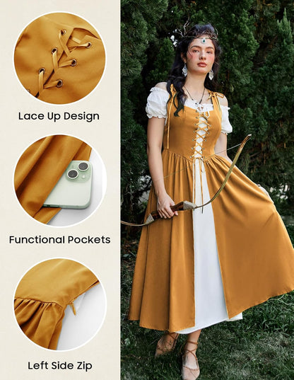 Renaissance Costume Women Peasant Medieval Dress Short Sleeve Maxi Fairy Dresses with Pockets