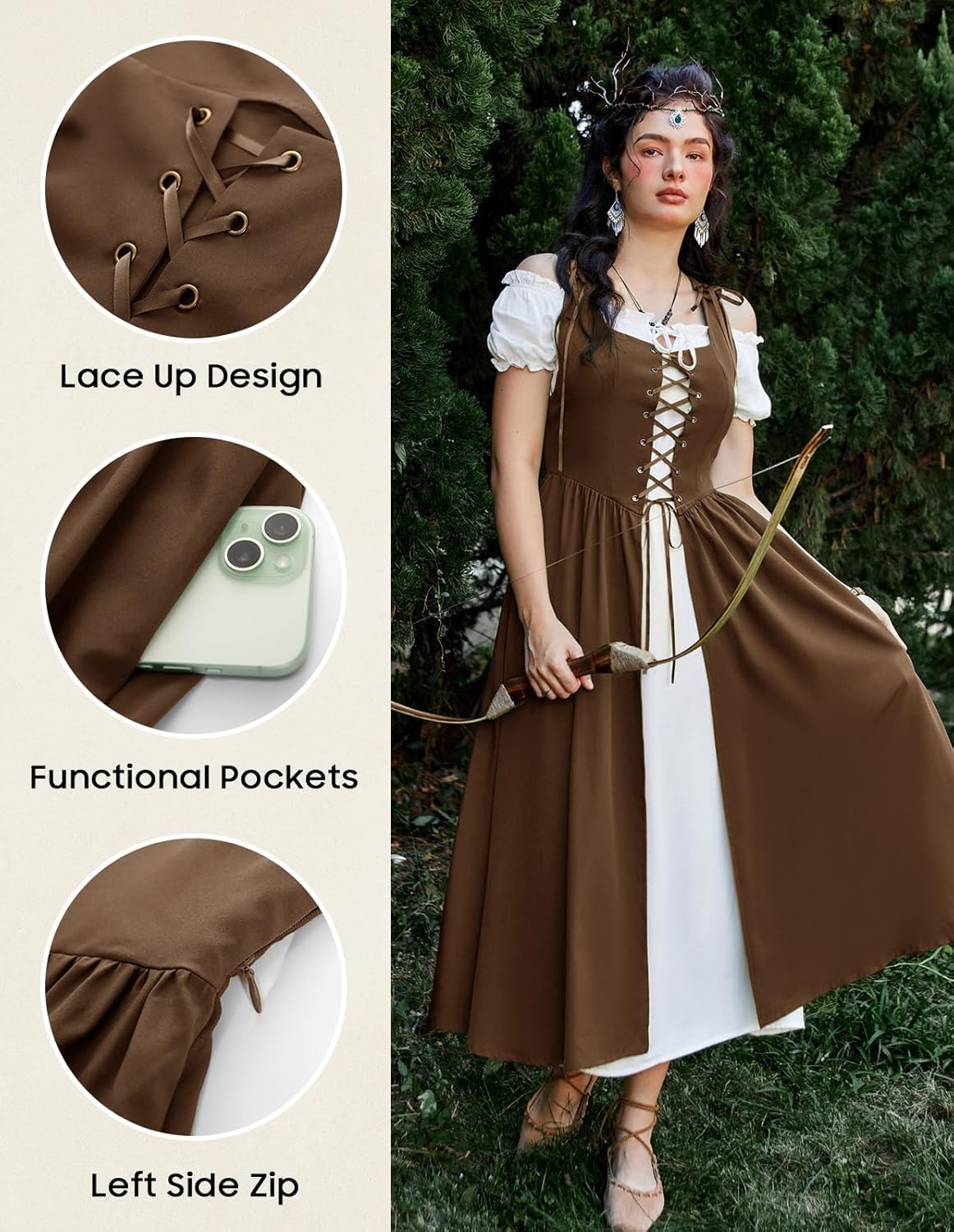 Renaissance Costume Women Peasant Medieval Dress Short Sleeve Maxi Fairy Dresses with Pockets