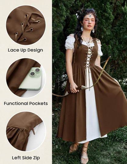 Renaissance Costume Women Peasant Medieval Dress Short Sleeve Maxi Fairy Dresses with Pockets