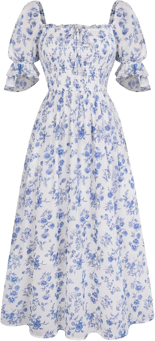 2026 Summer Floral Dress for Women Cottagecore Smocked Midi Dresses