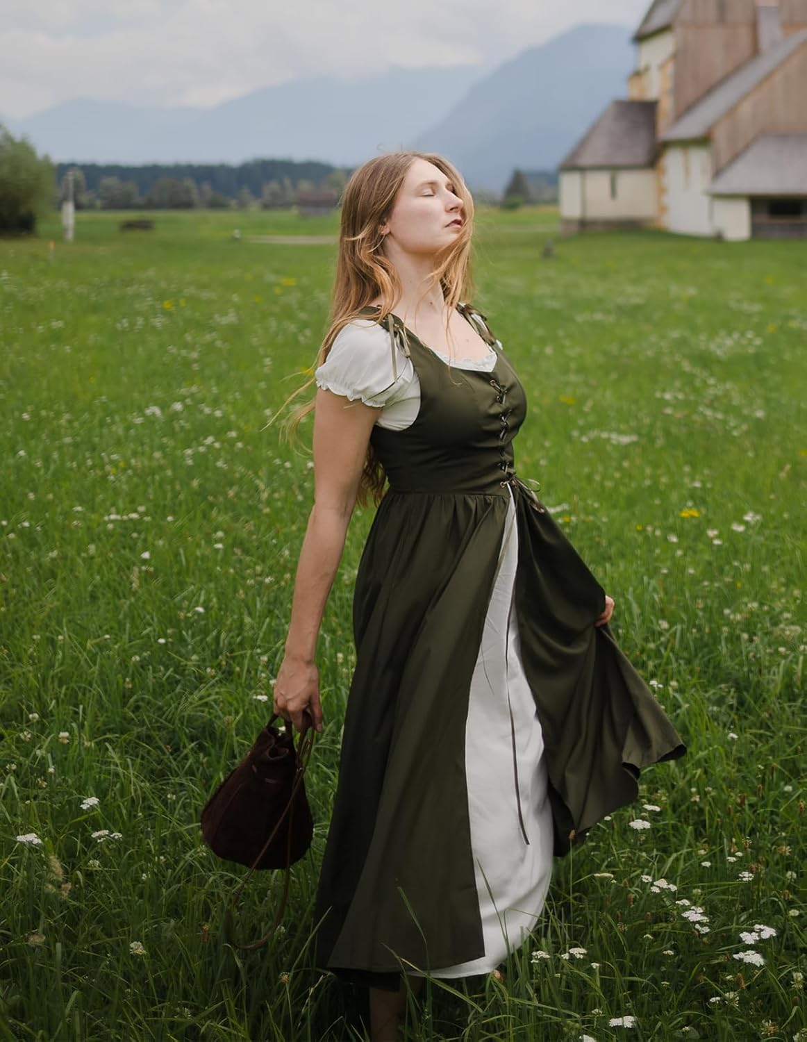 Renaissance Costume Women Peasant Medieval Dress Short Sleeve Maxi Fairy Dresses with Pockets