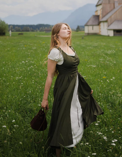 Renaissance Costume Women Peasant Medieval Dress Short Sleeve Maxi Fairy Dresses with Pockets