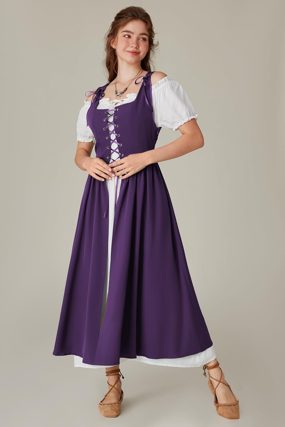 Renaissance Costume Women Peasant Medieval Dress Short Sleeve Maxi Fairy Dresses with Pockets