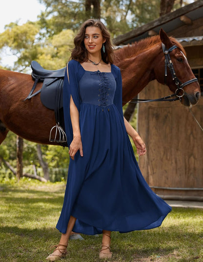 Renaissance Costume Women Pirate Dresses Split Bell Sleeve Medieval Ren Faire Dress with Pockets