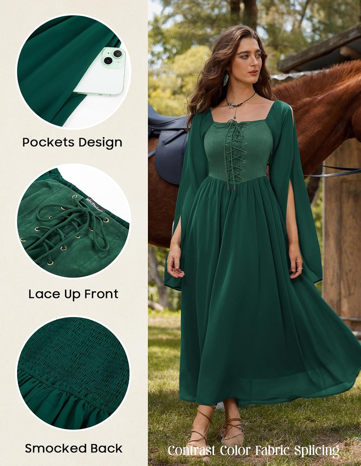 Renaissance Costume Women Pirate Dresses Split Bell Sleeve Medieval Ren Faire Dress with Pockets