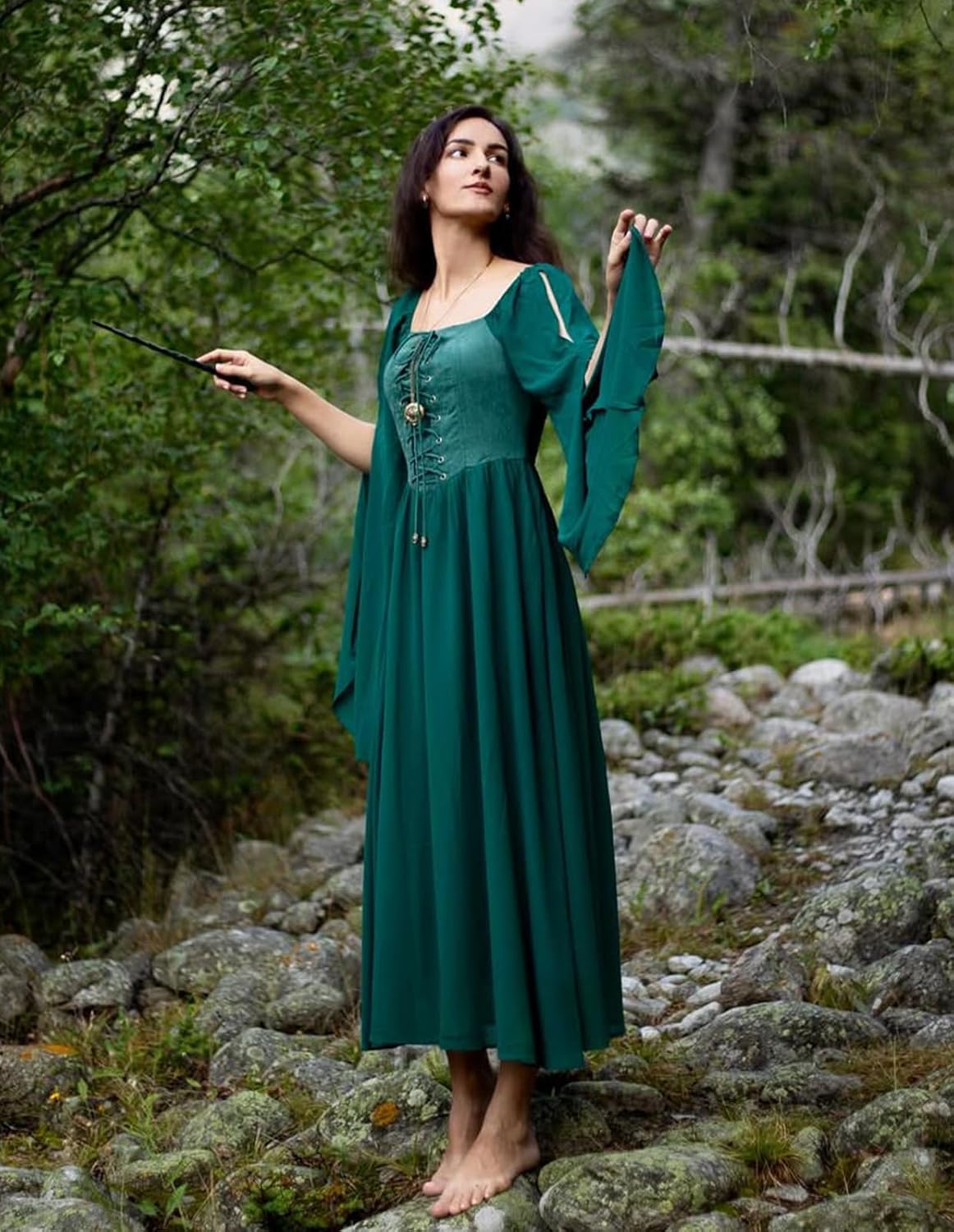 Renaissance Costume Women Pirate Dresses Split Bell Sleeve Medieval Ren Faire Dress with Pockets