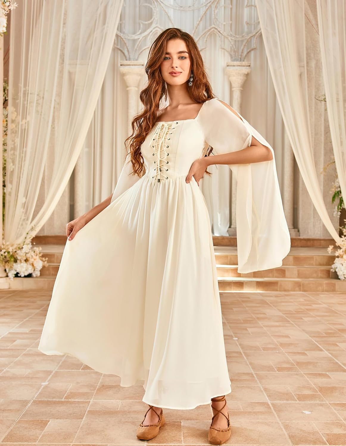 Renaissance Costume Women Pirate Dresses Split Bell Sleeve Medieval Ren Faire Dress with Pockets