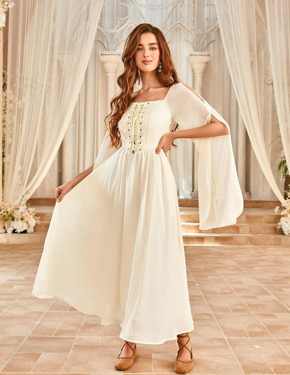 Renaissance Costume Women Pirate Dresses Split Bell Sleeve Medieval Ren Faire Dress with Pockets