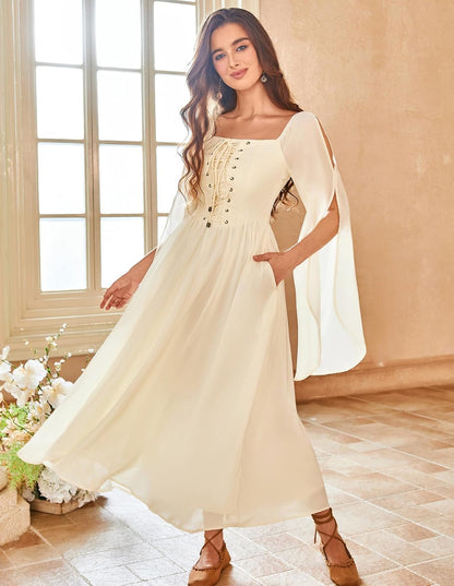 Renaissance Costume Women Pirate Dresses Split Bell Sleeve Medieval Ren Faire Dress with Pockets