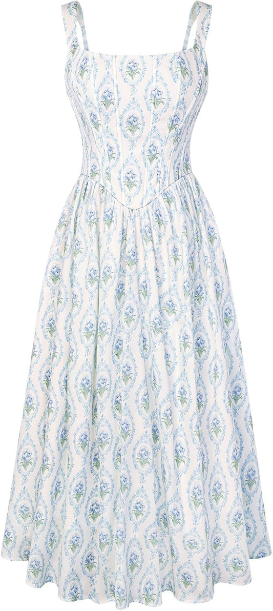 Women's Floral Corset Sundress Square Neck Sleeveless Cottagecore Dresses Summer Casual Dress