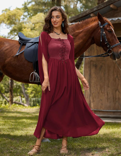 Renaissance Costume Women Pirate Dresses Split Bell Sleeve Medieval Ren Faire Dress with Pockets
